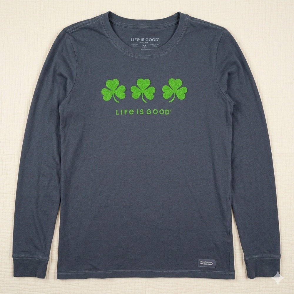 Life is Good Mens M Crusher Long Sleeve Tee Blue Shamrock Clover St Patricks Day